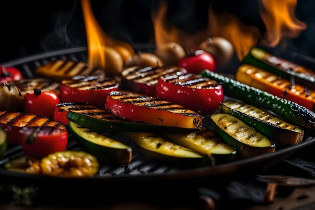 De camera zoomt in op een bord gegrilde groenten die op een grill worden gekookt op hoge hitte met vlammen op de achtergrond.