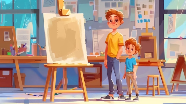 De cartoon is voor een school cartoon web banner die zich richt op het onderwijs voor kinderen portretteert een leraar en student met een easel in de klas de student jongen is het tekenen van een les in een kunstenaar