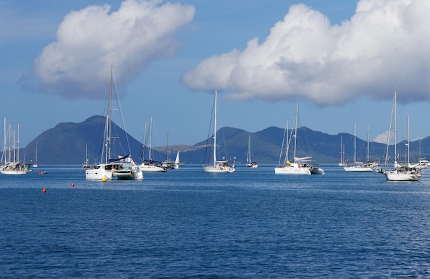 De catamaran en zeilboten verankerd in de wateren van het Caribische strand