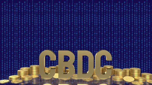 De cbdc gouden tekst en munten op digitale achtergrond voor bedrijfsconcept 3D-rendering