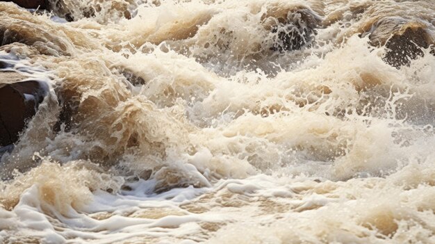 Foto de chaotische en krachtige beweging van snel stromend vloedwater vastgelegd in een close-up