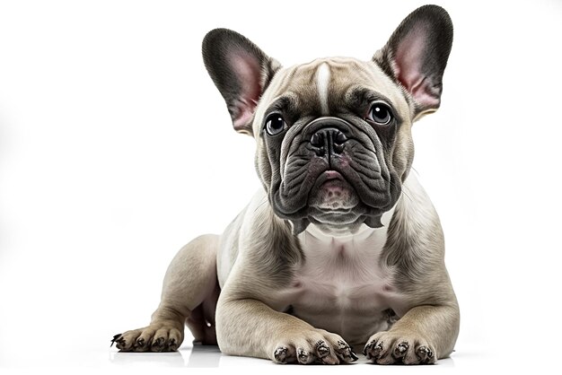 De charmante Franse bulldog op witte achtergrond toont de speelse persoonlijkheid van dit geliefde ras