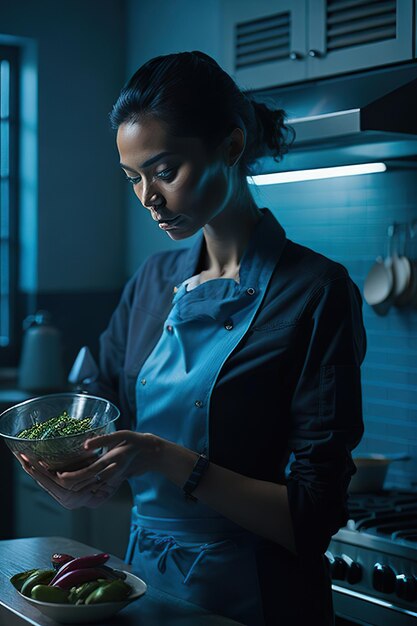 Foto de chef-kok bereidt eten voor in een moderne keuken generatieve ai