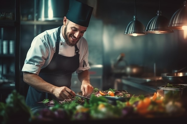 De chef-kok bereidt salades in de keuken in het restaurant generatieve ai