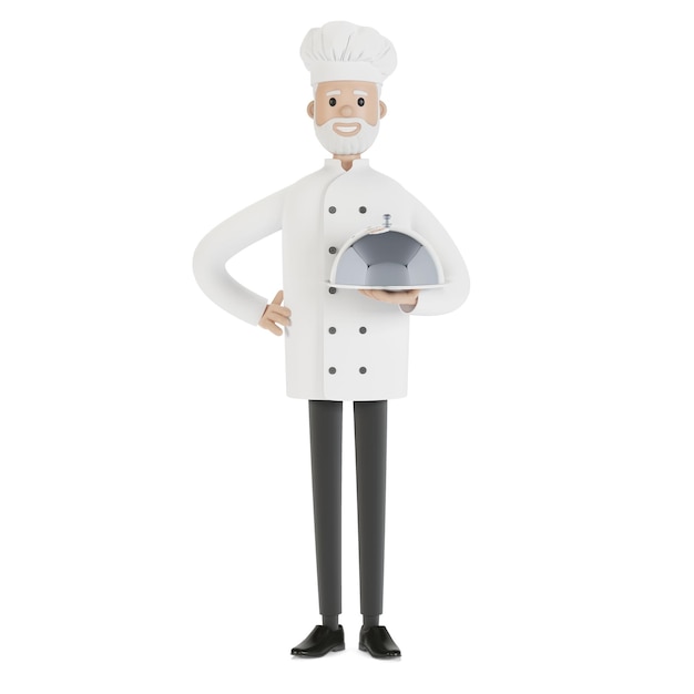 De chef-kok houdt een zilveren dienblad vast. 3D illustratie in cartoon-stijl.