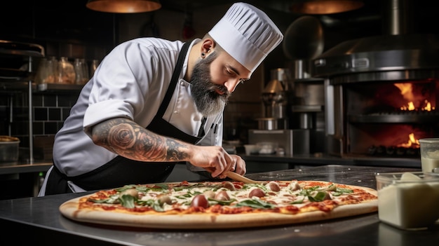 De chef kookt pizza in de oven.