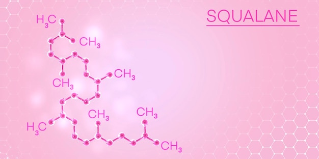 De chemische formule van squaleen op de achtergrond van glinsterende deeltjes en zeshoek