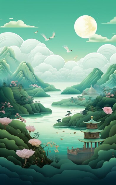 De Chinese mooncake met vogels en wolken vectorillustratie