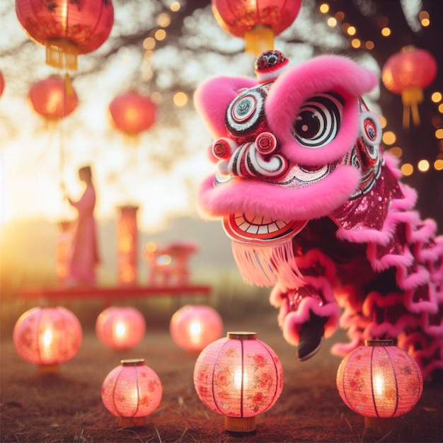 De Chinese roze leeuwendans wordt uitgevoerd.