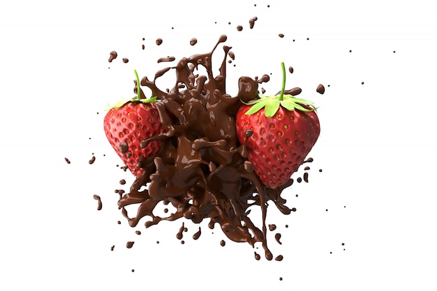 De chocoladevloeistof met Aardbeifruit op witte 3D achtergrond geeft terug
