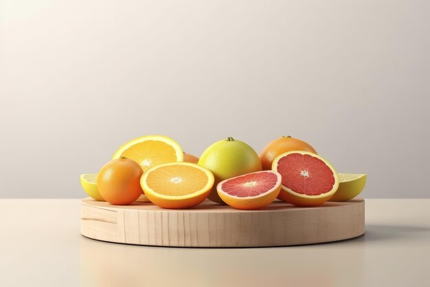 De Citrus Oasis Een elegant houten rond podium voor de presentatie van cosmetische producten en verfrissende bev