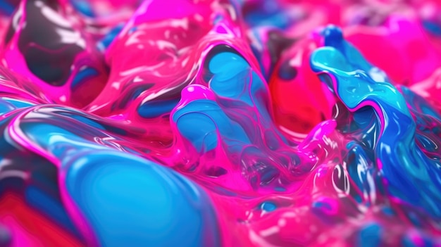 De close-up van een glanzend vloeibaar oppervlak abstract in hete roze elektrische blauwe en neongroene kleuren met een zachte focus 3D illustratie van uitbundige