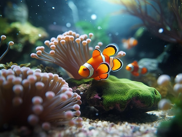 De clownvissen op het aquarium met planten en stenen