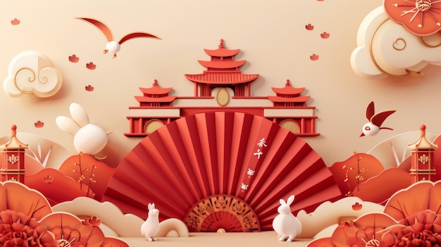 De CNY-poster is een illustratie van een papieren waaier met konijnen aan beide zijden en een vogel bovenop. De achterkant van de poster toont Chinese traditionele architectuur. De tekst zegt Welkom in de lente.