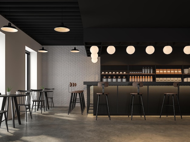 De coffeeshop met industrieel ontwerp in loftstijl 3d render