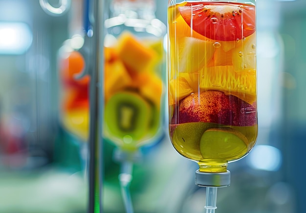 Foto de combinatie van natuur en wetenschap kleurrijke vruchten in modern laboratoriumglas symboliseren innovatie in de voeding