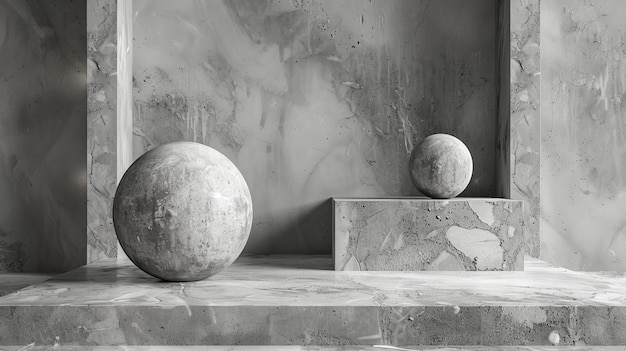 De compositie in grijs bevat geometrische figuren 3D renders matte oppervlakken computer graphics frosted balls matte kubussen matte compositie