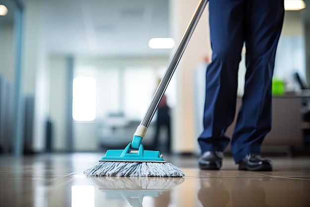 De conciërge veegt een kantoorvloer van CloseUp Cleaner reinigt de vloeren Generatieve AI-illustratie