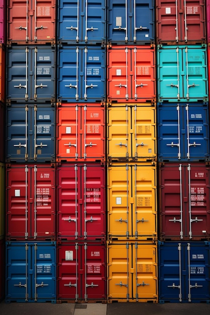 Foto de containers aan boord zijn bovenop elkaar van verschillende kleuren.