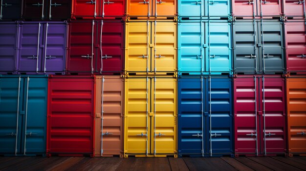 De containers aan boord zijn bovenop elkaar van verschillende kleuren.