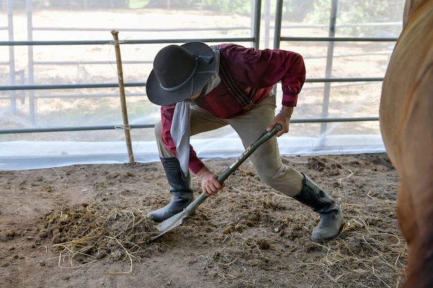 De cowboy man ruimt de stallen op zijn boerderij op.