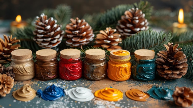 De creativiteit van kinderen om zich voor te bereiden op Kerstmis wordt tentoongesteld met kerstspeeltjes van hout, dennen takken en verf op een beige achtergrond.