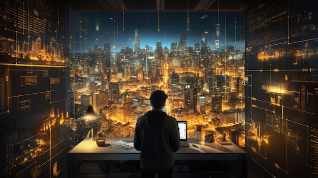 de cyberbeveiliging gecodeerd in een kamer met uitzicht op wolkenkrabbers en hoge stadsgebouwen
