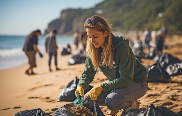 De Dag van de Aarde Een groep vrijwilligers en activisten reinigt het kustgebied van het strand door afval te verzamelen