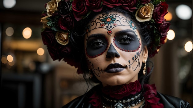 De dag van de doden Calavera Catrina Portret van een vrouw met traditionele Mexicaanse suikerschedelmake-up