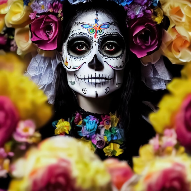 De dag van de doden Calavera Catrina Vrouw met traditionele suikerschedelmake-up 3D illustratie