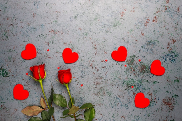 De dag van Valentijnskaarten achtergrond, Valentijnsdag kaart met rozen, bovenaanzicht