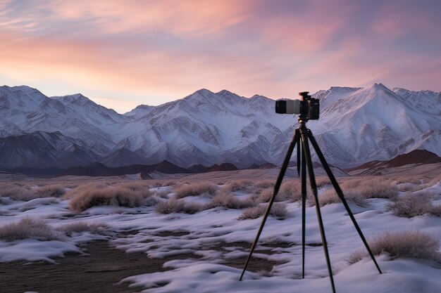 Foto de dageraad over besneeuwde bergen op camera vastleggen