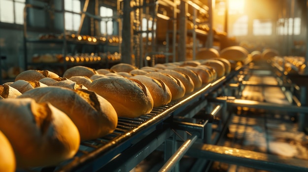 De dageraad verlicht een bakkerijproductielijn met gouden broden die uitrollen