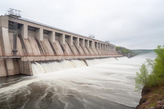 De dam van de waterkrachtcentrale op een bewolkte dag massieve hydro-elektrische dam produceert elektrische energie AI gegenereerd