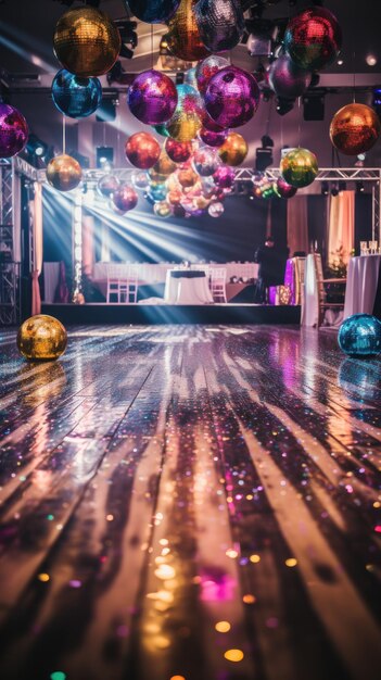 Foto de dansvloer schijnt met een disco bal.