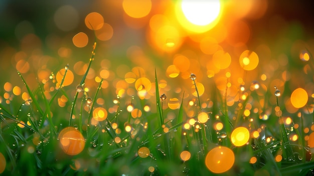 De dauw op het gras bij zonsopgang met het gouden zonlicht voor de Dag van de Aarde