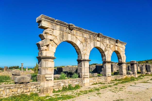 De Decumanus Maximus, de hoofdstraat van Volubilis, een werelderfgoed in Marokko