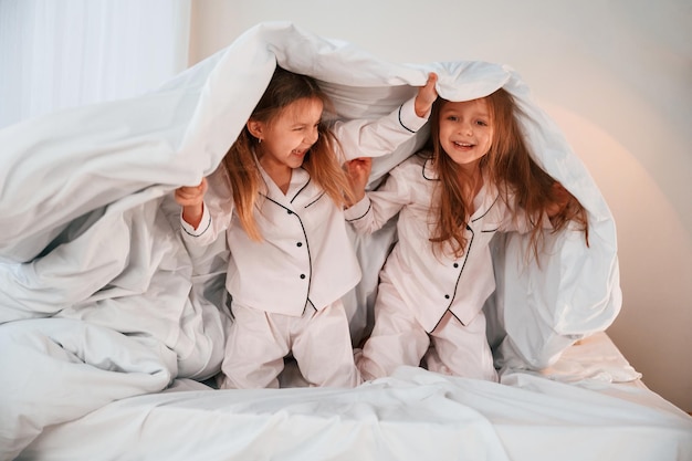 De deken vasthouden Twee kleine meisjes spelen en hebben plezier samen in de huiskamer