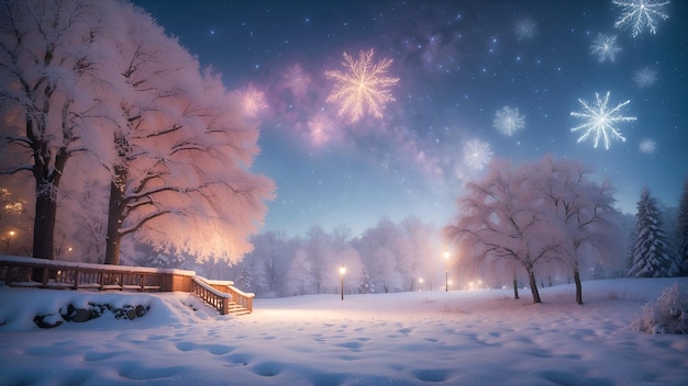 Foto de dekking van het park met sneeuw en uitzicht op de prachtige hemel winterseizoen landschap