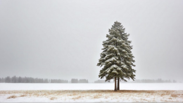 De dennenboom staat alleen in het winterveld met een witte winterlandschap achtergrond