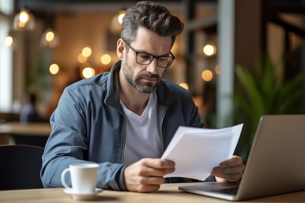 De depressieve jonge blanke man die thuis op een bureau zit op een laptop en documenten leest Duizendjarige mannen raken afgeleid van computerwerk. Overweeg het posten van papierwerk of nieuwscorrespondenten