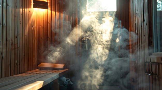 De deur van de sauna ligt enigszins open met zonnestralen die naar binnen stromen en de stoom benadrukken