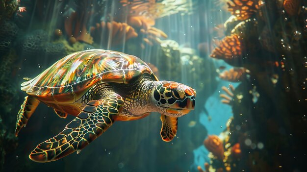 Foto de diep onderwater veelkleurige zeeschildpad is zonnig generative ai