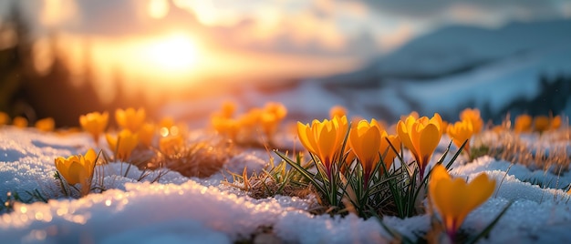 De diepte van een schitterende gele crocus die door gesmolten sneeuw en de ruimte kijkt.