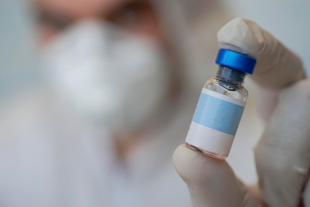 De dokter houdt in zijn hand een fles vaccin en een blanco label voor tekst of reclameontwerp. close-up van een medische fles. gezondheid medisch concept. kopieer ruimte