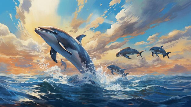 De dolfijnen genieten van luchtacrobatiek in de open zee