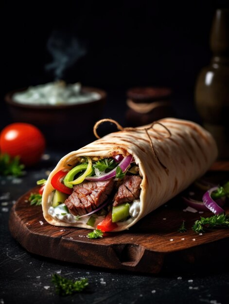 Foto de doner kebab shoarma met vlees en saus generatieve ai