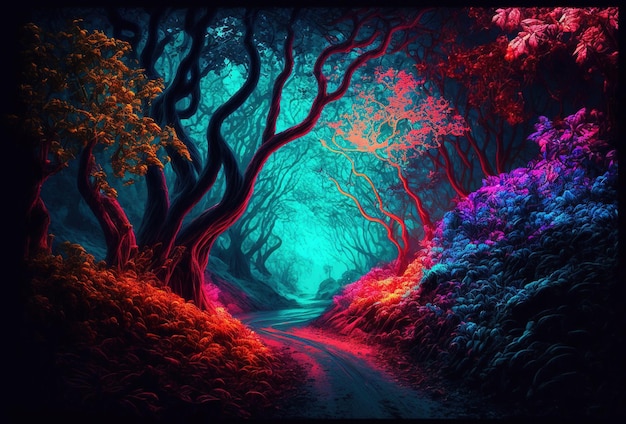 De donkere bomen worden verlicht door veelkleurig psychedelisch neonlicht Een sprookjesbos een surrealistisch mystiek landschap Een mysterieus pad door het struikgewas 3D-rendering AI gegenereerd