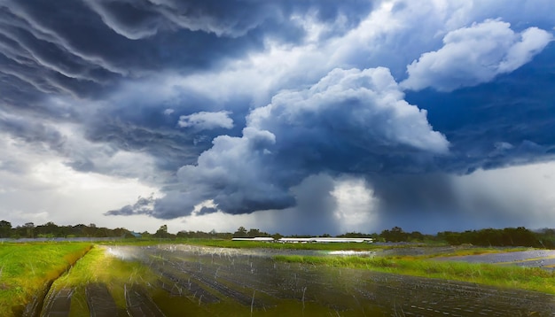 De donkere hemel met zware wolken die samenkomen en een gewelddadige storm voor de regen