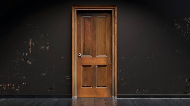 De donkere houten deur is het enige dat opvalt tegen de donkere achtergrond de deur is gemaakt van rijk donker hout en heeft een glanzende metalen deurknop